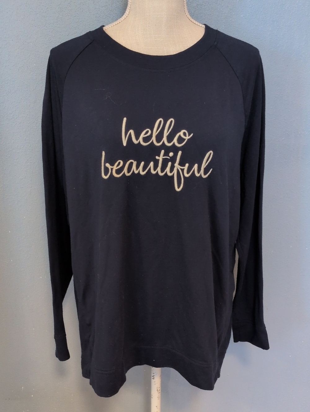 Isaac Mizarahi Hello Beautiful Crewneck Long Sleeve Shirt Novelty Minimalist